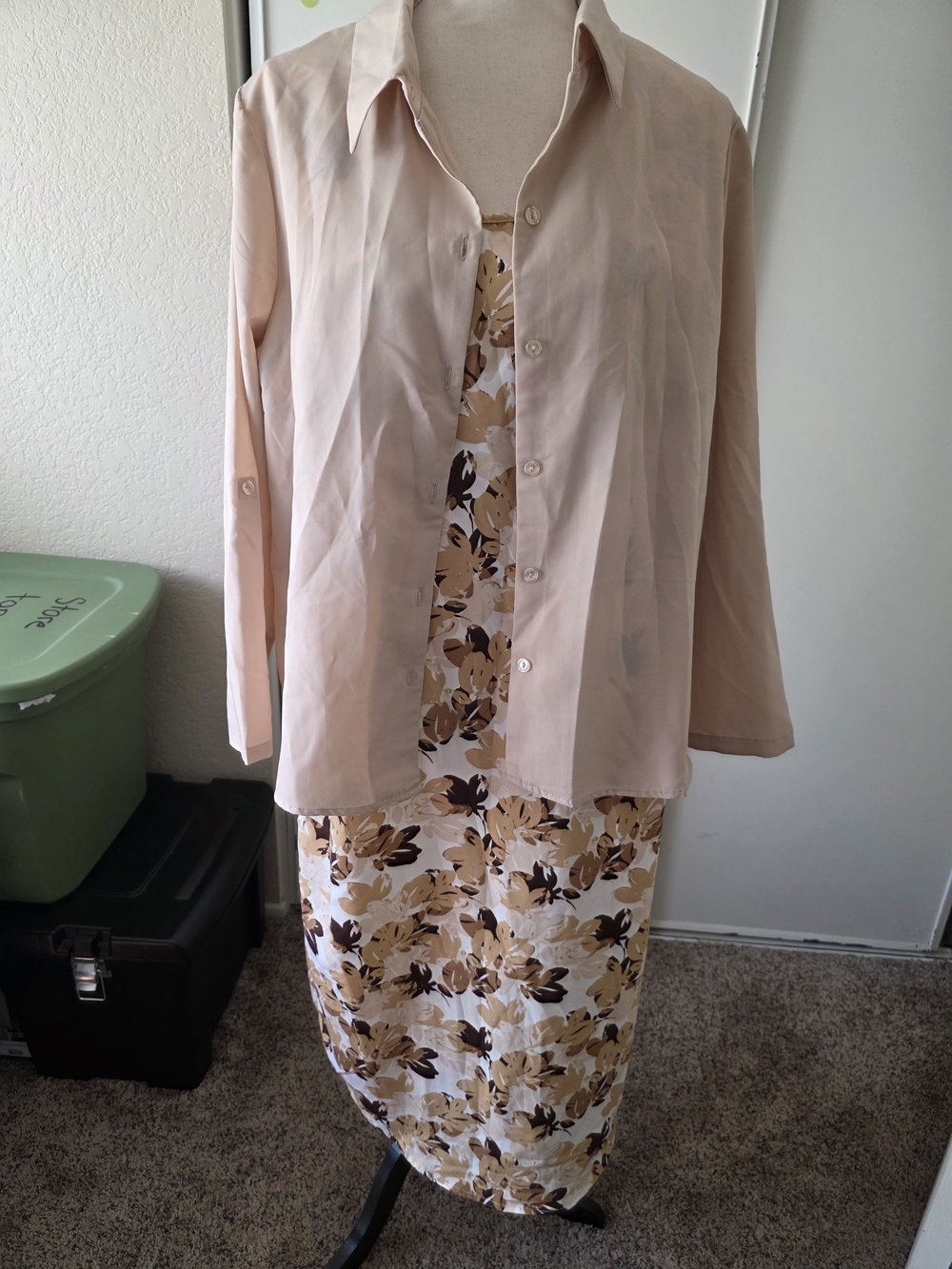 Beige Floral Dress with Matching Jacket Set